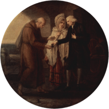 A charitable couple giving money to a poor monk.