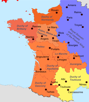 A coloured map of medieval France, showing the Angevin territories in the west, the royal French territories in the east, and the Duchy of Toulouse in the south.