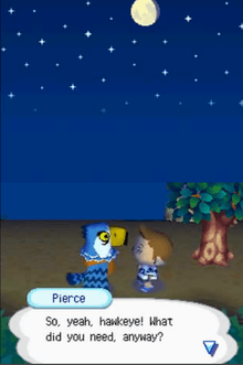 A player talking to a bird named Pierce, Pierce is a villager in Animal Crossing