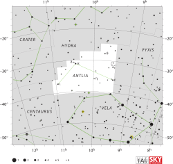 Diagram showing star positions and boundaries of the Antlia constellation and its surroundings