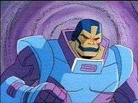 Apocalyse shown in his light blue and violet armor and standing in front of a purple vortex.