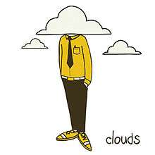 Hand-drawn picture of a man, wearing yellow shirt with a tie, standing on white background, with his head in a cloud