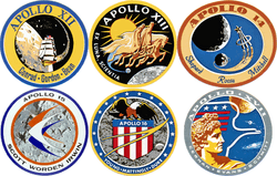 Composite image of 6 production manned Apollo lunar landing mission patches, from Apollo 12 to Apollo 17.