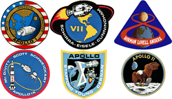 Composite image of 6 manned Apollo development mission patches, from Apollo 1 to Apollo 11.