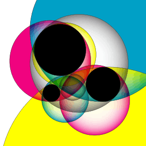 Three black circles in the plane and eight additional overlapping circles tangent to these three.