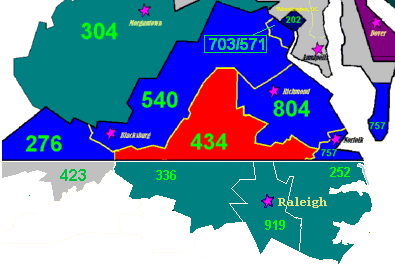 The area colored red indicates the geographical region of Virginia served by area code 434