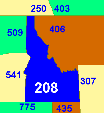 Map of Idaho's area code in blue (with border states)