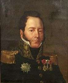 Painting of a clean-shaven man with dark hair and sideburns reaching almost to the ends of his mouth. He wears a dark blue military uniform with epaulettes.