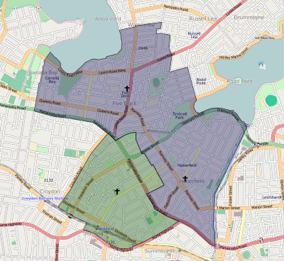 Vector graphics street map with two highlighted areas overlaid.