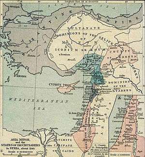 Hand colored map of the Near East. At the top is the Byzantine Empire, which encircles the Seljuq Turks from north, west and south. Below those two groups are the Armenian Kingdom of Cilicia on the west and the County of Edessa on the east. Stretching along the coast below them are the Principality of Antioch, the County of Tripoli and the Latin Kingdom of Jerusalem, chief of the Catholic Crusader states. To the east of the coast is Emirate of Damascus and the Dominion of the Atabeks. At the bottom of the map is the Caliphate of Cairo.