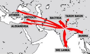 map showing diffusion of Buddhism at the time of emperor Ashoka from India