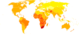 A map of the world with Europe shaded yellow, most of North and South America orange and Southern Africa a dark red