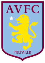 A badge with a claret border, light blue background and yellow lion rampant facing to the left with a small star slightly above an outstretched leg. AVFC is atop the lion in claret writing with "Prepared" written underneath.