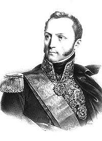 Black and white print of man with long sideburns in a dark military uniform with lots of gold braid
