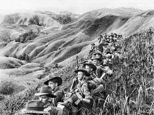 A line of soldiers wearing slouch hats rest amongst tall grass on a slope overlooking a steep valley