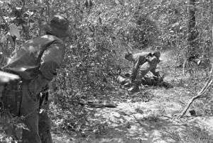 Black and white image of an Australian soldier searching the body of a dead Viet Cong while another soldier provides cover