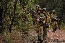 A group of men wearing camouflaged military uniforms and carrying guns walking through bushland