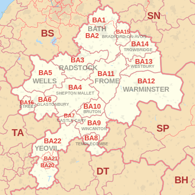 BA postcode area map, showing postcode districts, post towns and neighbouring postcode areas.