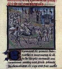A miniature painting from a medieval manuscript. A man on horseback, followed by men on foot, rides past a burning castle. The castle is on a shore, and there are ships in the water. There is text above and below the painting.