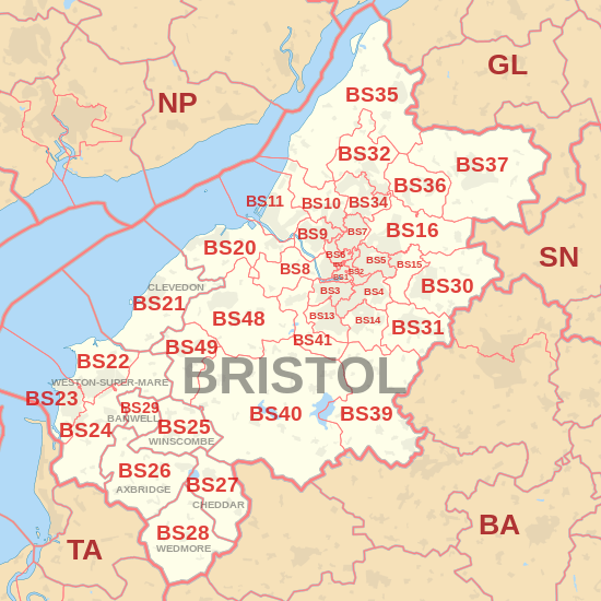 BS postcode area map, showing postcode districts, post towns and neighbouring postcode areas.