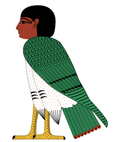 An anthropomorphic bird with a human head in ancient Egyptian style, colored in green, yellow, white, red, brown, and black