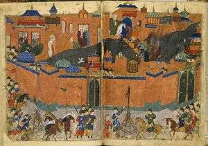 Colorful medieval depiction of a siege, showing the city of Baghdad surrounded by walls, and the Mongol army outside