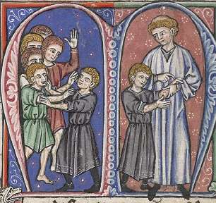 A miniature painting from a medieval manuscript, divided into two panels. On the left panel, some boys are playing and injuries can be seen on their arms. On the right panel, a man inspects the injuries on one of the boys' arms.