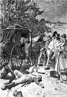 Illustration from 1897 edition of "Z. Marcas".  A man in military dress lies on the ground while another man enters a horse-drawn carriage. A small crowd stands nearby.