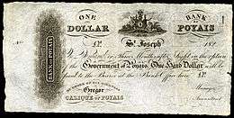 A piece of paper headed with a coat of arms and the words "One Dollar, Bank of Poyais", with smaller writing beneath.