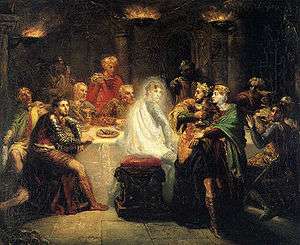 Painting showing Elizabethan era men at a dining table, with a ghost sitting on one of the stools.