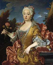 Painting showing the top three quarters of a young woman wearing a silk orange and pink dress with a powdered whig