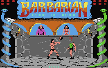 On the left and right of the screen stands a pillar entwined with a snake. Above them, in the top corners, are circles that represent the life points of the barbarian fighters. A banner, emblazoned with the word "Barbarian", lies in the top centre. The players' scores are displayed below the word. The lower centre of the screen depicts a stone-walled room with two high windows. A bald man in purple robes stands in the window on the left. A black haired busty woman in a red bikini stands in the right. In the room are two loincloth-wearing men who are fighting each other with swords. The left man has chopped off the right man's head.