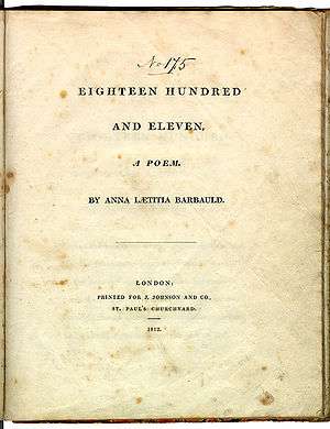 Page reads "Eighteen Hundred and Eleven, A Poem. By Anna Laetitia Barbauld. London: Printed for J. Johnson and Co., St. Paul's Churchyard. 1812."