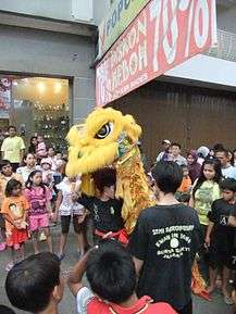 A man holding a dragon costume over his head amidst a large crowd