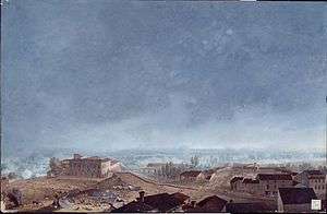 Painting of the battle composed of two-thirds sky and the rest buildings, camps, men, and gunsmoke