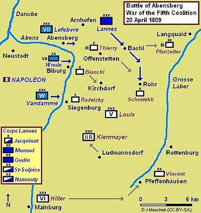 Battle of Abensberg map showing Lannes breakthrough at Bachl and Rohr