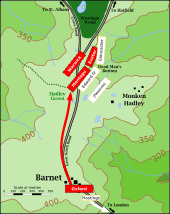 Map of the battlefield in the late stage: the boxes that represent Hastings' and Oxford's forces are at the bottom. Their arrows show Hasting's retreat and Oxford's return to the main battle just above the middle of the map.