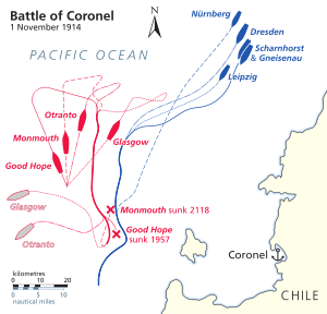 The British and German fleets converged from the south and north, respectively. Two British ships split off to escape.
