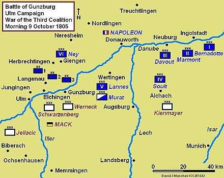 Battle of Gunzburg strategic map, situation morning 9 October 1805