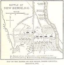 Map based on one prepared for General Branch, showing his defensive lines. New Bern is off the map at the top; the Federal advance is from the bottom of the map. The Neuse River flows from top to bottom on the right; the left is limited by Bryce Creek, roughly parallel to the river. The Beaufort–New Bern railroad bisects the image vertically. The defense on the right is a straight line from the river to the railroad, about 3/4 of the distance from the top. From the railroad to Bryce Creek, the line of defense follows another small creek. The right and left halves of the defensive line are offset at the railroad. The land is covered by woods except immediately in front of the lines, where the timber has been felled.