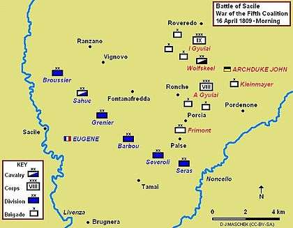 Battle of Sacile, 16 April 1809, showing morning positions