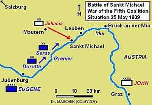 The Battle of Sankt Michael, showing the situation early on 25 May 1809 as the divisions of Seras and Durutte move to intercept Jellacic's march.