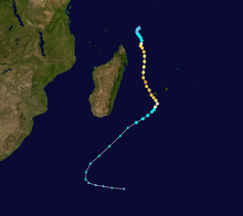 Map of a tropical cyclone's track as denoted by colored dots. The location of each dot indicates the storm's relative position at six-hour intervals, and its color denotes the storm's intensity at that location.
