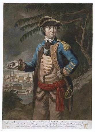 A knee-length mezzotint engraved portrait of Arnold.  This portrait is likely an artist's depiction and was probably not made from life.  Arnold is shown in uniform, wearing a blue jacket with epaulets, light-coloured pants and shirt, and a red sash.  A sword handle is visible near his left hip, and his right hand is held out.  In the near background a tree is visible, and there is a town off in the distance behind him.