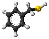 Ball-and-stick model of the benzyl mercaptan molecule