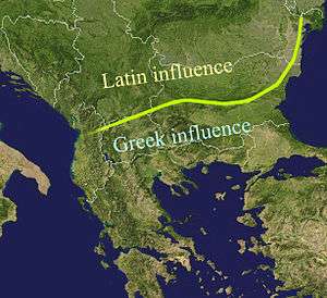 Map of southeastern Europe, delineating Roman and Greek influence
