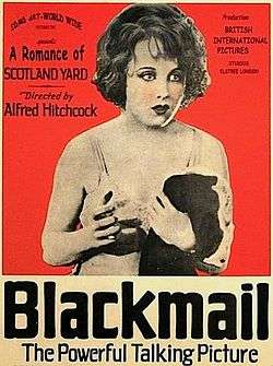 An advertisement for the movie Blackmail Surrounding text describes the film as "A Romance of Scotland Yard" and "The Powerful Talking Picture"