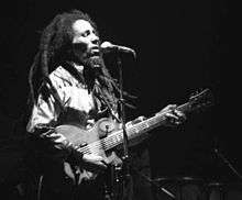 Bob Marley singing and playing guitar at a concert in Zurich, Switzerland in 1980.