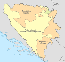 Location of the Republika Srpska (orange) and Brčko District (green) within Bosnia and Herzegovina.a