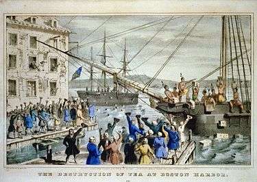 Two ships in a harbor, one in the distance. On board, men stripped to the waist and wearing feathers in their hair are throwing crates overboard. A large crowd, mostly men, is standing on the dock, waving hats and cheering. A few people wave their hats from windows in a nearby building.
